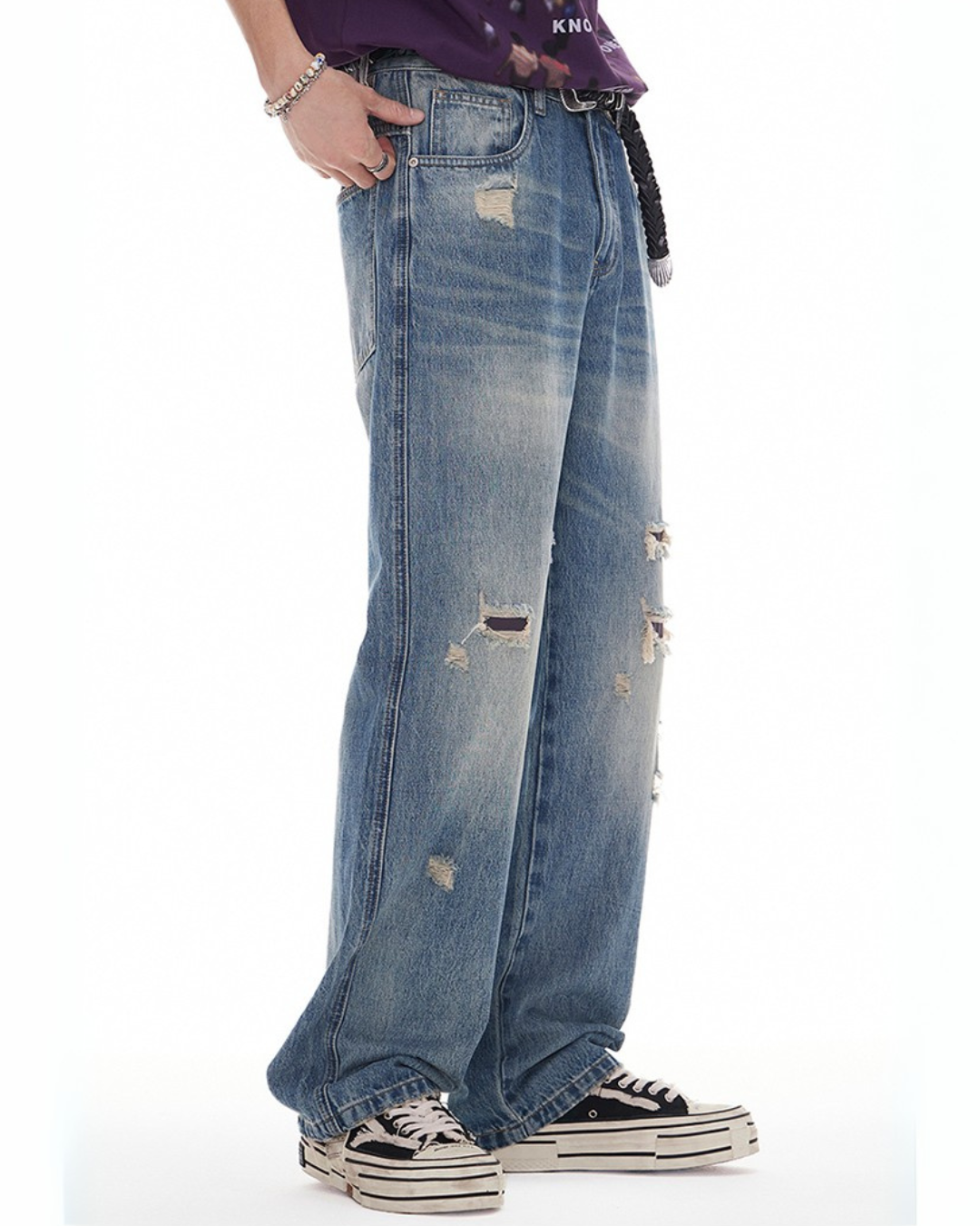 VINTAGE DAMAGE WIDE DENIM CARGO PANTS W1445