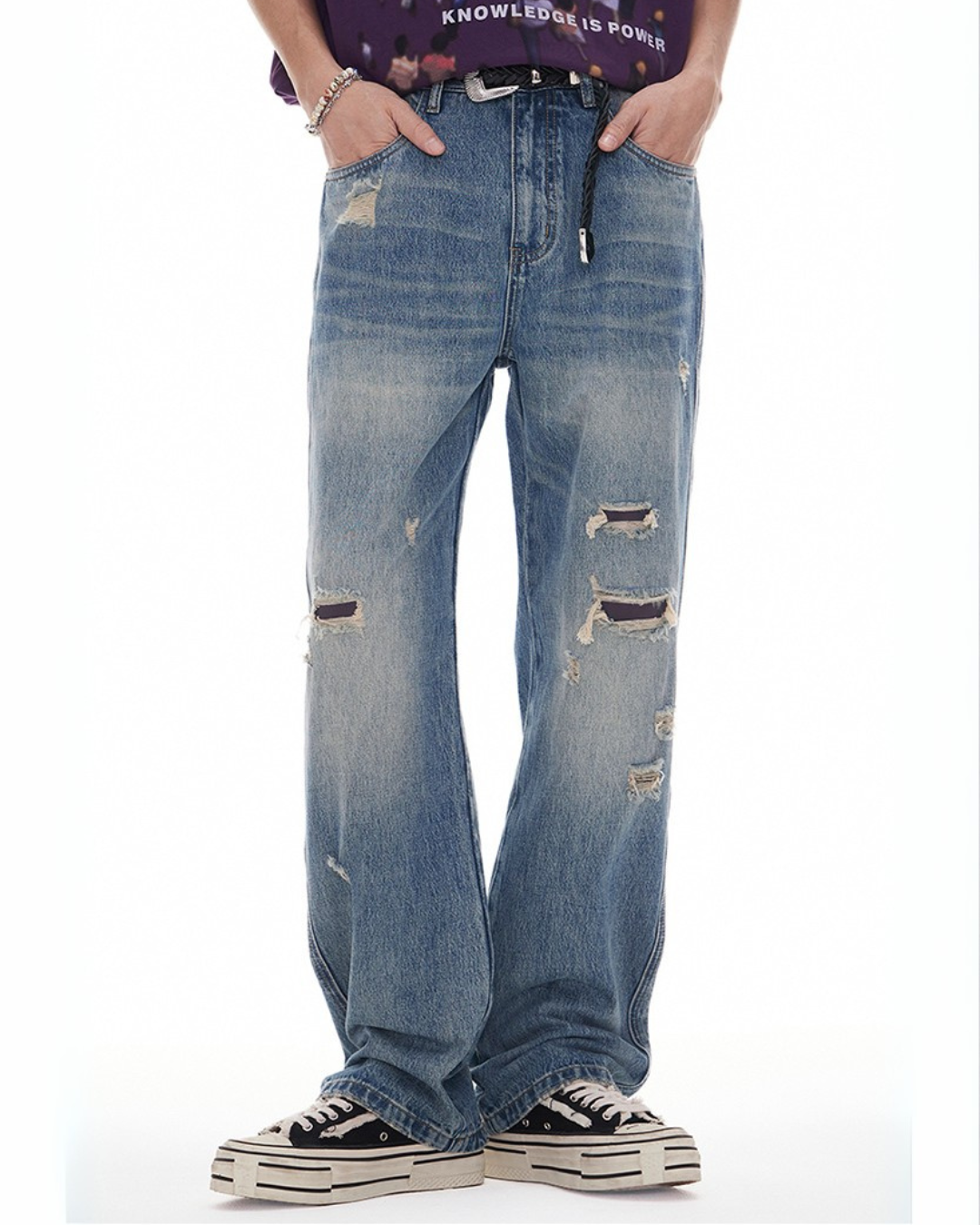 VINTAGE DAMAGE WIDE DENIM CARGO PANTS W1445