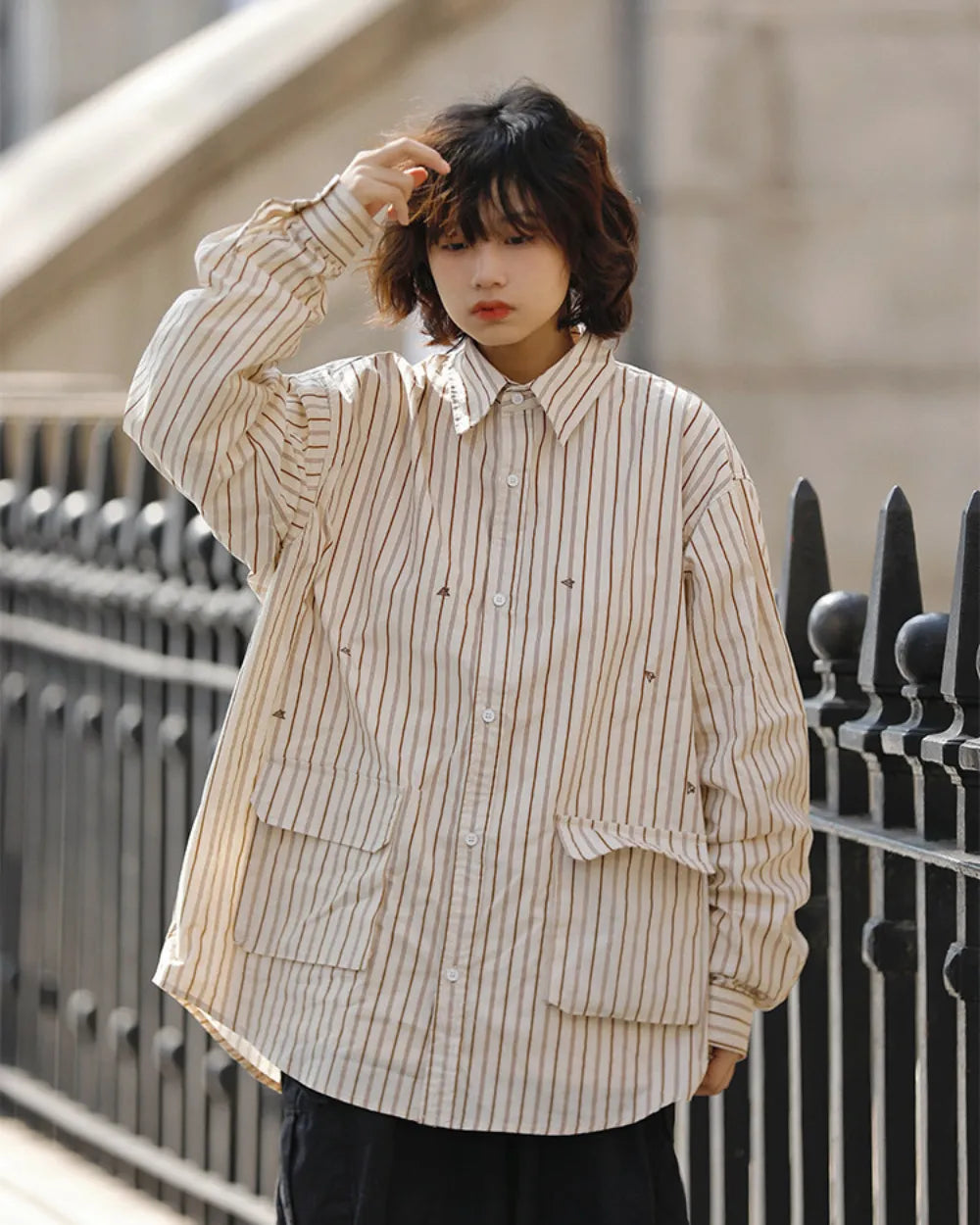 STRIPE EMBROIDERY POCKET SHIRTS W1857