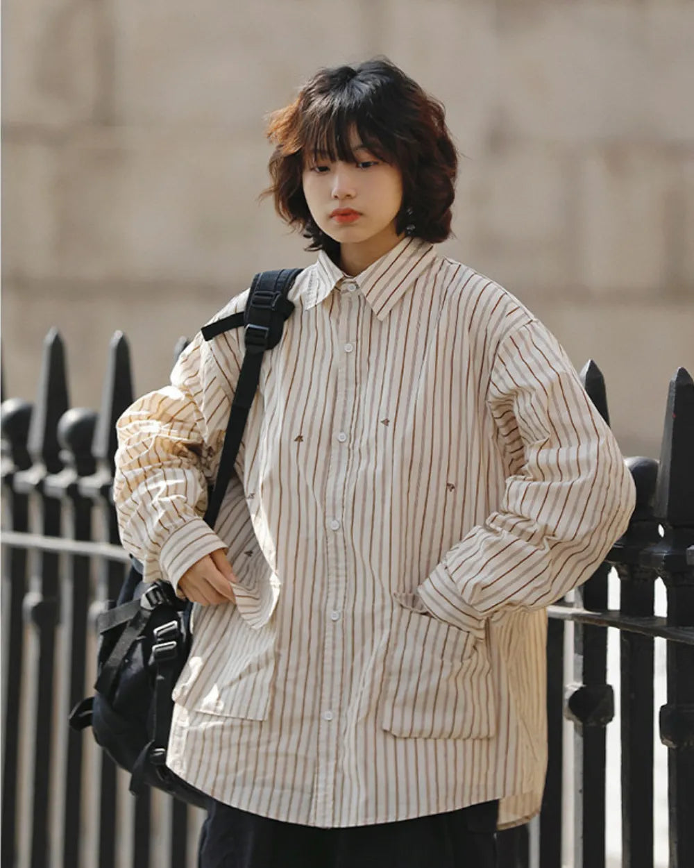 STRIPE EMBROIDERY POCKET SHIRTS W1857