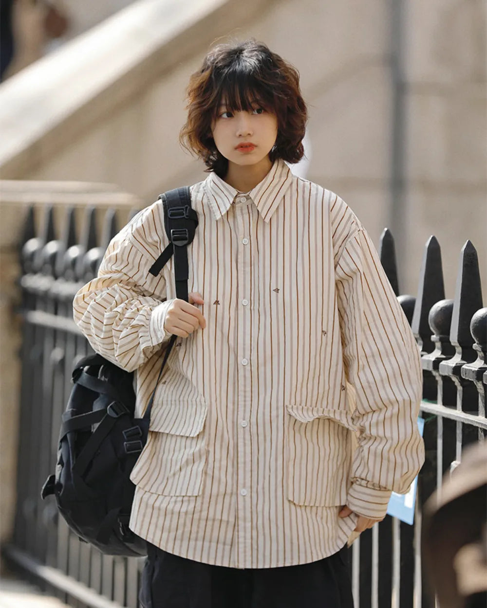 STRIPE EMBROIDERY POCKET SHIRTS W1857