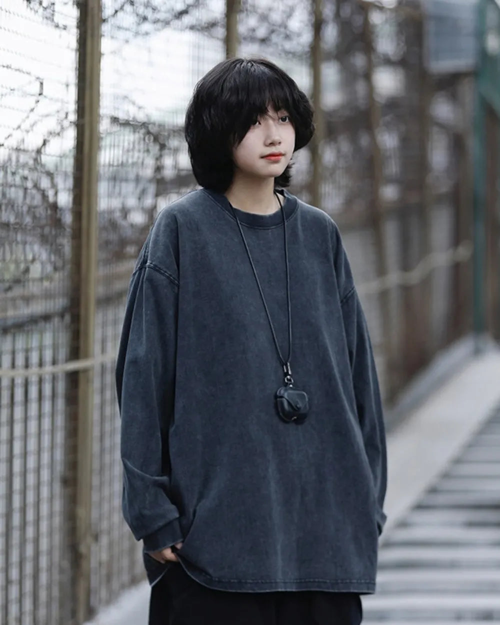 COTTON WASHED LOOSE LONG TEE W1943