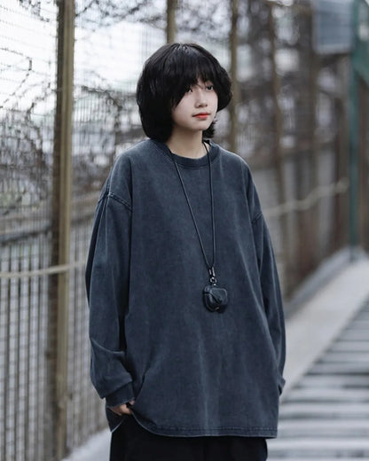 COTTON WASHED LOOSE LONG TEE W1943