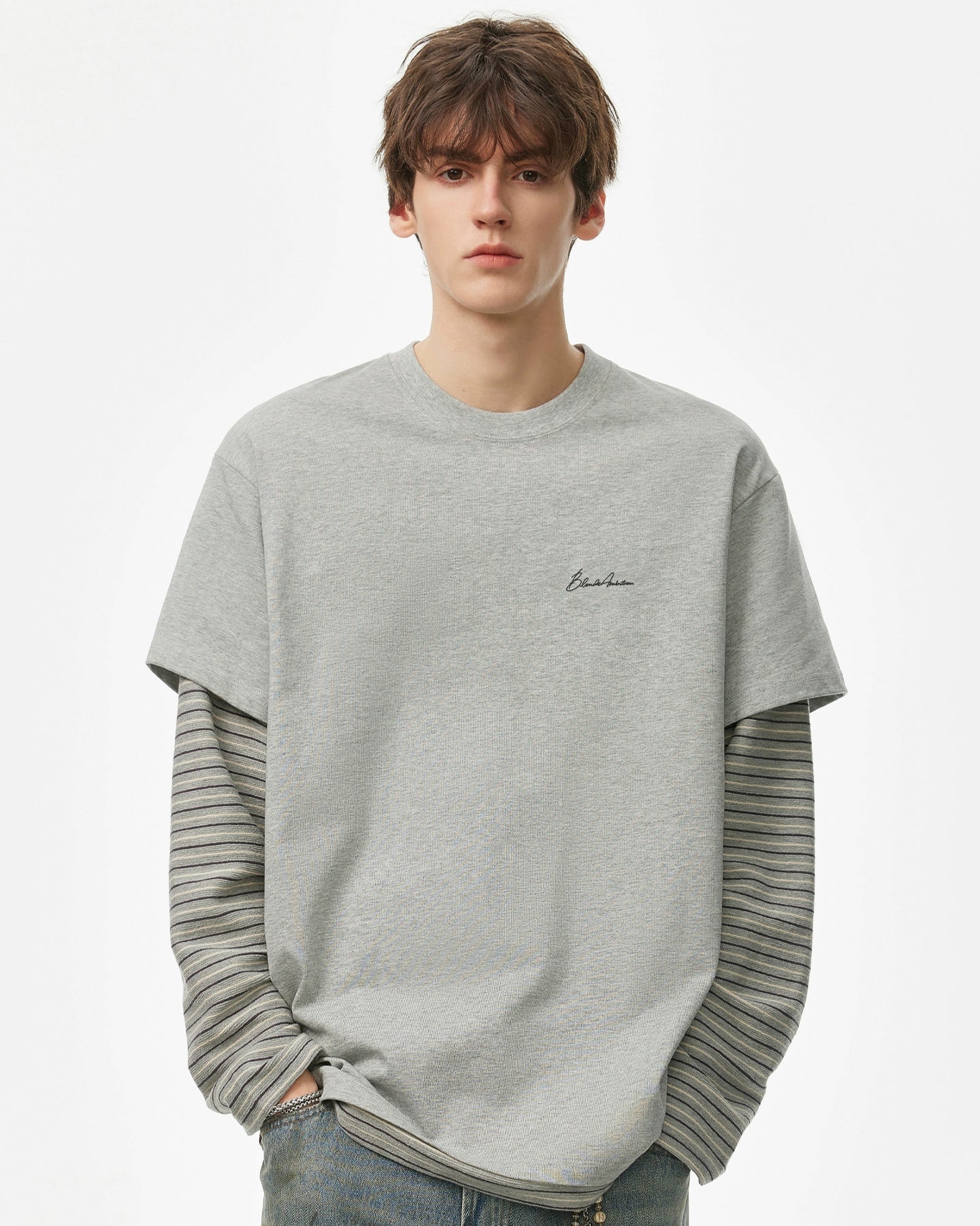 LAYERED STRIPE SLEEVE LONG TEE W1499