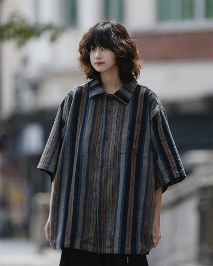 STRIPE LOOSE CUBAN SHIRTS W1756