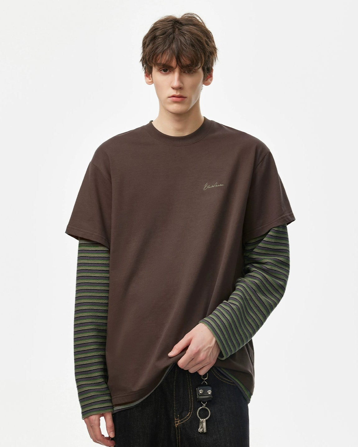 LAYERED STRIPE SLEEVE LONG TEE W1499