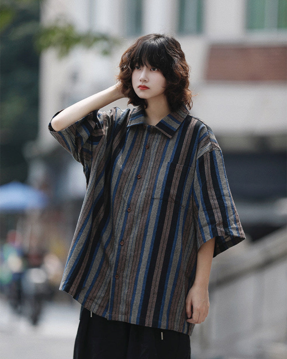 STRIPE LOOSE CUBAN SHIRTS W1756