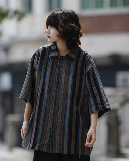 STRIPE LOOSE CUBAN SHIRTS W1756