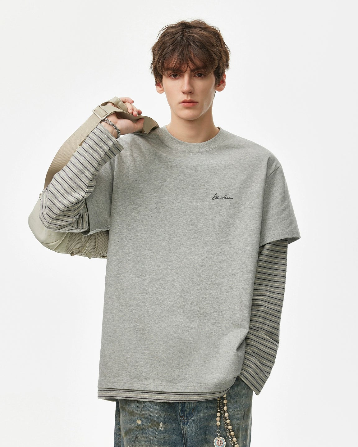LAYERED STRIPE SLEEVE LONG TEE W1499