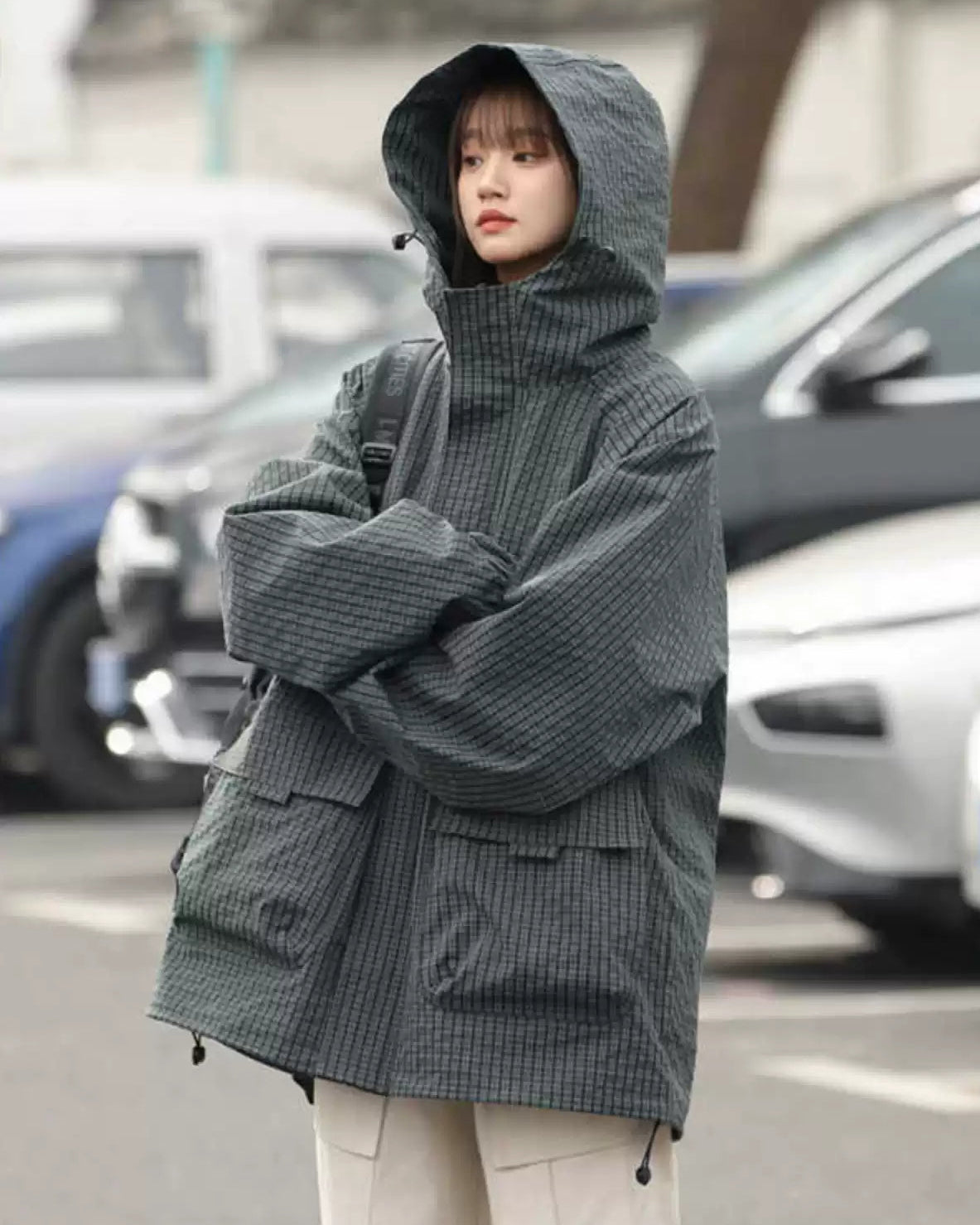 CHECK PATTERN HOODED JACKET W1491