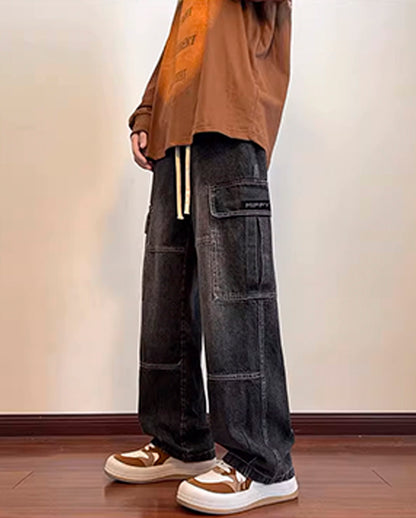 LOOSE WASHED DENIM CARGO PANTS W1035