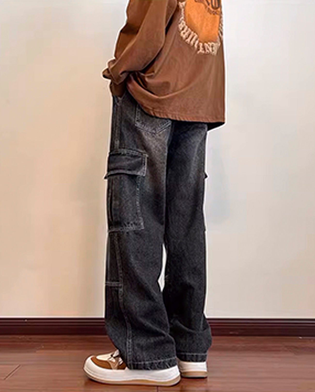 LOOSE WASHED DENIM CARGO PANTS W1035