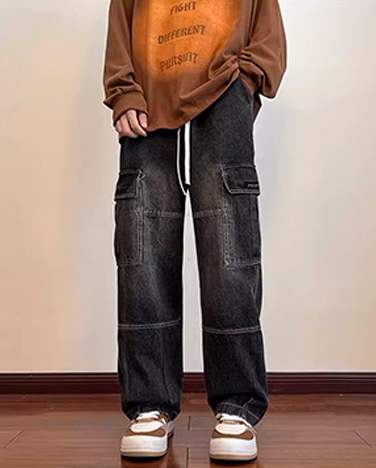 LOOSE WASHED DENIM CARGO PANTS W1035