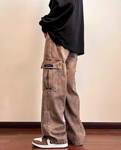 LOOSE WASHED DENIM CARGO PANTS W1035