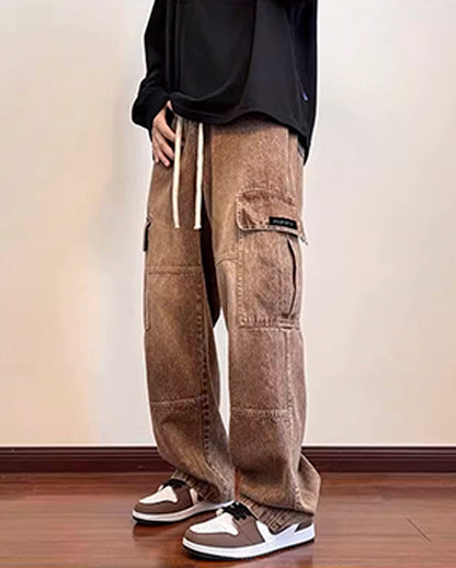 LOOSE WASHED DENIM CARGO PANTS W1035