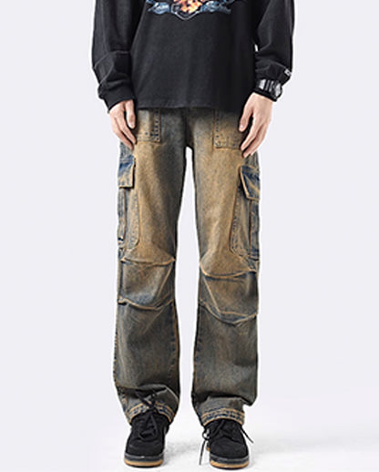 VINTAGE WASHED DENIM CARGO PANTS W1036